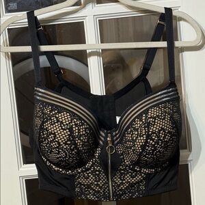 CACIQUE Lane Bryant Zip-Front Longline Boost Balconette Bra Black Nude Size 44C